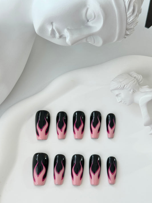 Long hand-painted fire nails black pink