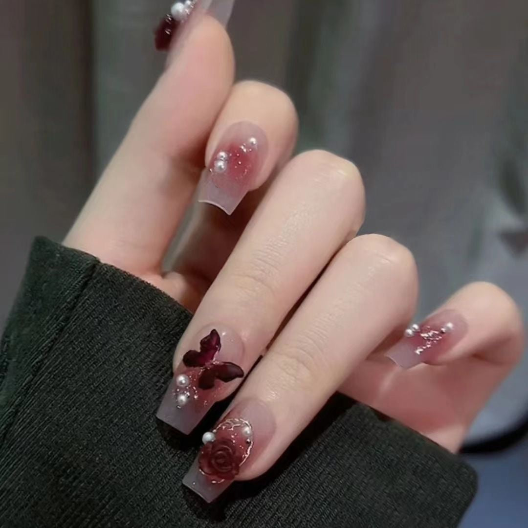 Long rose butterfly nails red