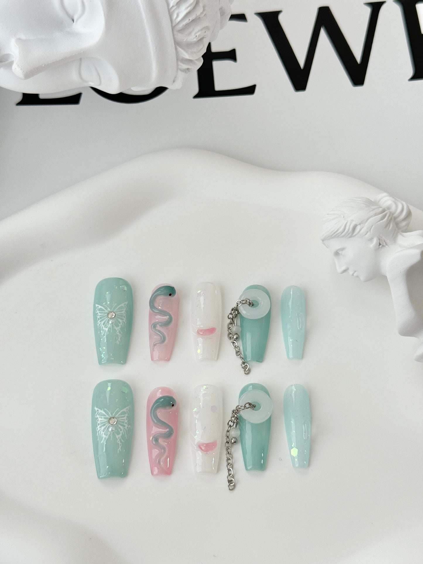 Superlong snake hand-painted nails jade green