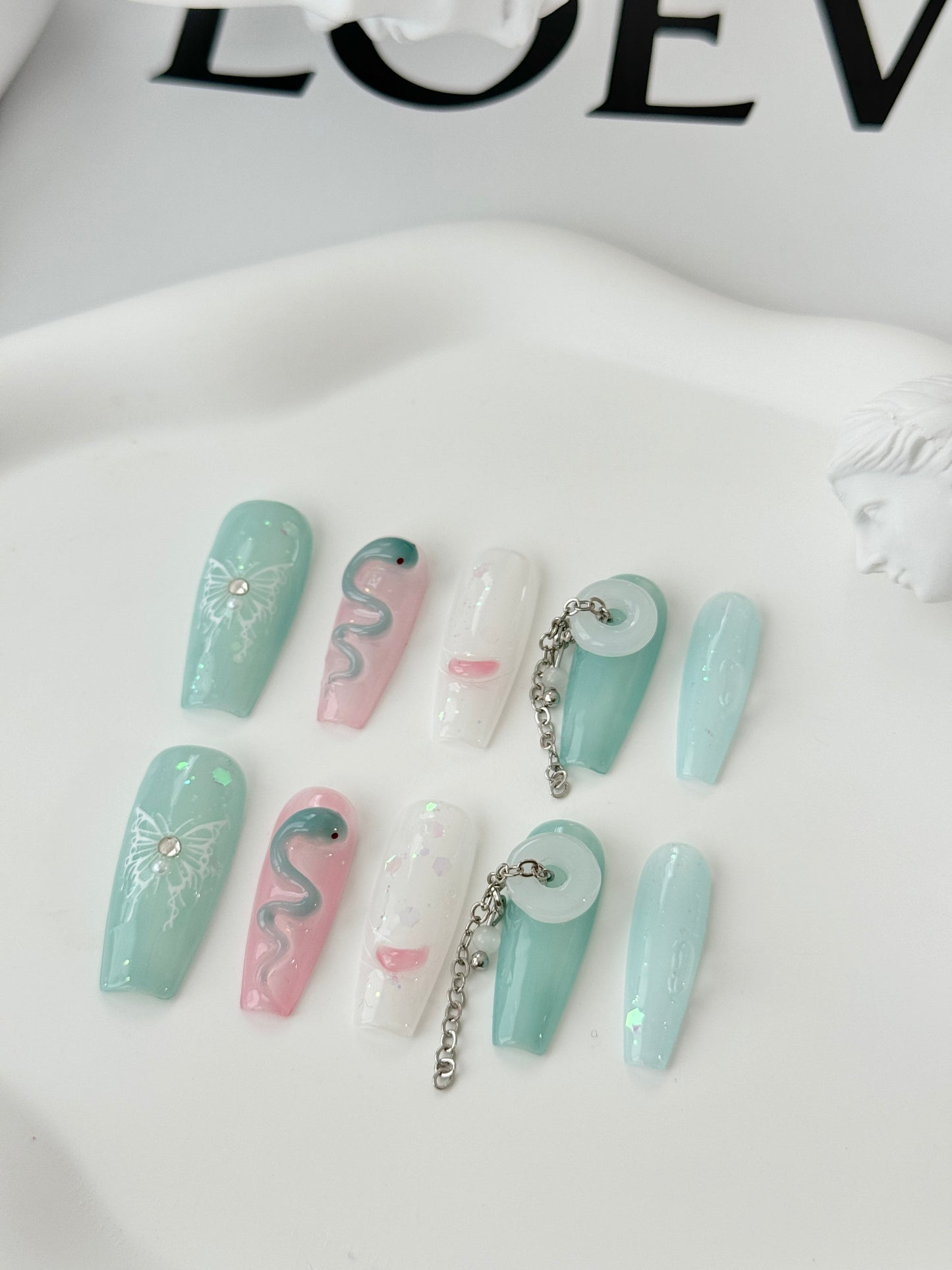 Superlong snake hand-painted nails jade green