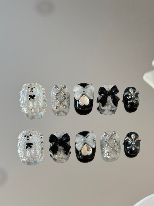 Short 3d nails cute bear black white