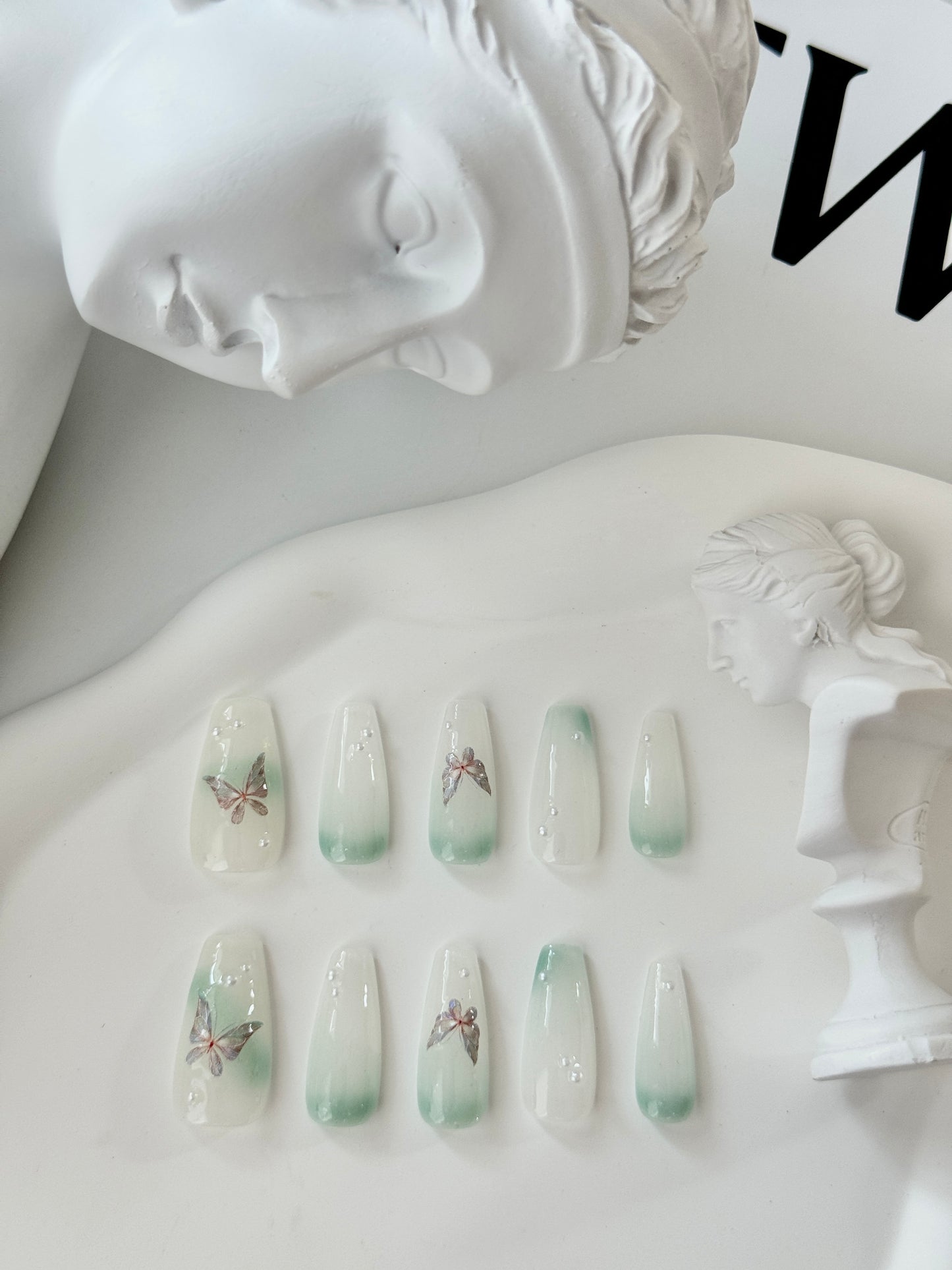 Long butterfly nails transparent mint green