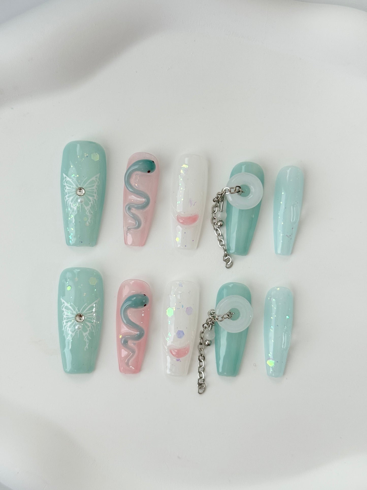 Superlong snake hand-painted nails jade green